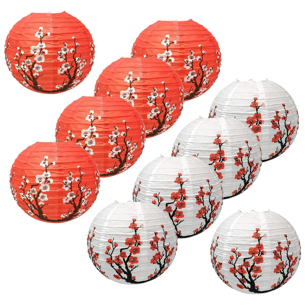 Red & White Cherry Blossom Flowers Paper Lanterns | Wedding Decor - 10 Pc