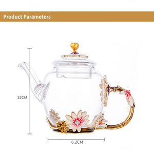 Daisy Enamel Glass Tea Pot Set | Gold Floral 6 Cups Gift - 7 Pc