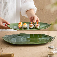 Load image into Gallery viewer, Bamboo Leaf Sushi Plates | Green Japanese Ceramic Rectangular Platter - 1 Pc