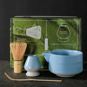 White Matcha Set with Spout | Japanese Tea Gift Set with Whisk and Scoop - 4 Pc