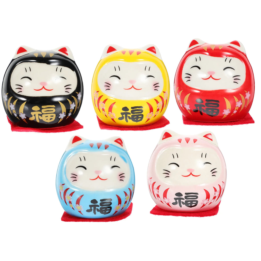 Cute Lucky Cat Daruma Doll | Japanese Ceramic Mini Figurine Wish Toys - 5 Pc Set