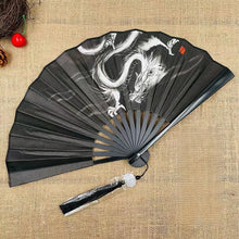 Load image into Gallery viewer, Black Chinese Fan with White Dragon | Handheld Bamboo Folding - 1 Pc