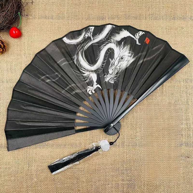 Black Chinese Fan with White Dragon | Handheld Bamboo Folding - 1 Pc