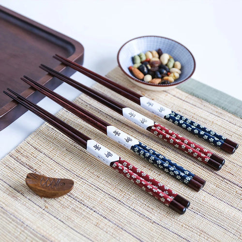 Red & Blue Cherry Blossom Chopsticks | Wooden Reusable Japanese - 2/5 Pairs