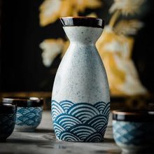 Load image into Gallery viewer, Blue Waves Sake Set | Japanese Painted Ceramic Tokkuri Bottle and Ochoko Cup - 5 Pc