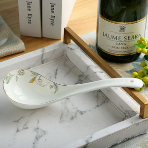 Green Leaf Bone China Soup Ladle | Ceramic Asian Spoon - 1 Pc