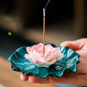 White Lotus Green Leaf Incense Holder | Ceramic Floral Burner Tray - 1 Pc