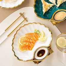 Load image into Gallery viewer, Shell Japanese Sushi Plates | Gold Luxury Ceramic Serving Plate with Sauce Holder - 1 Pc