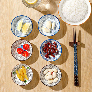 Blue & White Ceramic Soy Sauce Dish | Japanese Small Dipping Bowl - 6 PC Set