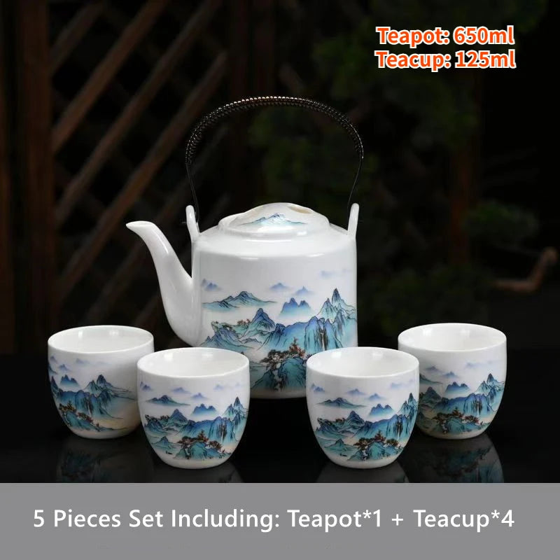 Blue & White Jade Porcelain Chinese Tea Set | Large Pot and Cups