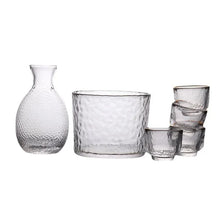 Load image into Gallery viewer, Glass Hammered Sake Set | Japanese Tokkuri Bottle 4 Wine Cups and Cooler - 5 Pc