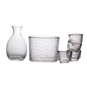 Glass Hammered Sake Set | Japanese Tokkuri Bottle 4 Wine Cups and Cooler - 5 Pc