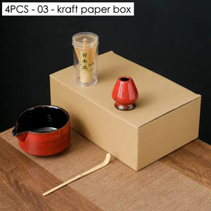 Red & Black Matcha Set | Chawan, Scoop, Whisk, and Holder - 4 Pc