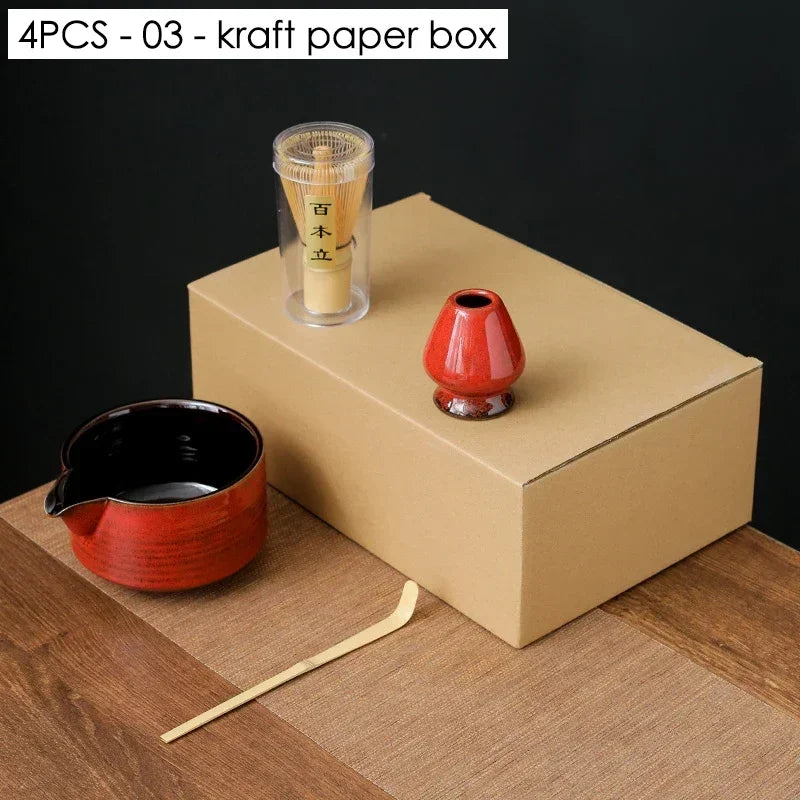 Red & Black Matcha Set | Chawan, Scoop, Whisk, and Holder - 4 Pc