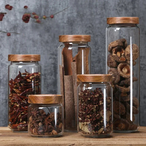 Glass Spice Jars with Dark Wood Lid | Sealed Tea Canister - 1pc