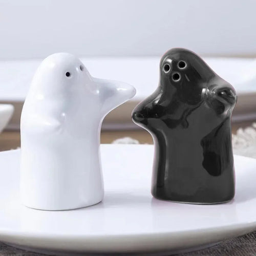 Black & White Ghost Salt and Pepper Shakers | Ceramic Halloween Seasoning - 2 Pc Set