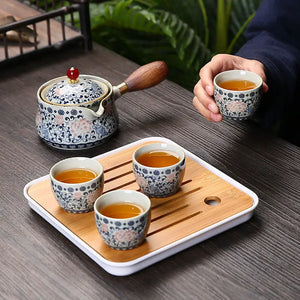 Wooden Kyusu Handle Chinese Tea Set | Ceramic Travel Cups Pot Bamboo Tray