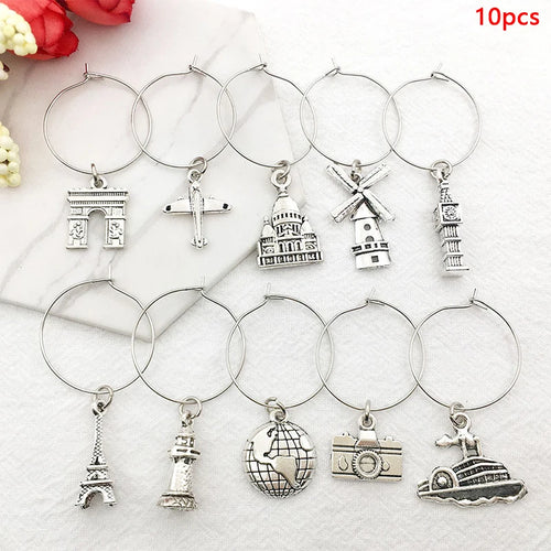 Silver Travel Themed Wine Glass Charm | Cup Markers - 10 Pc Set