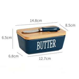 Cute Butter Dish | Colorful Bamboo Lid and Knife Holder Ceramic - 1 Set