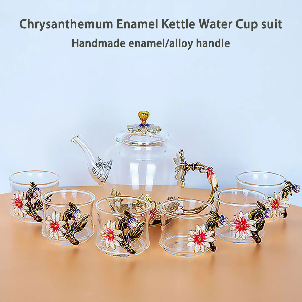 Daisy Enamel Glass Tea Pot Set | Gold Floral 6 Cups Gift - 7 Pc