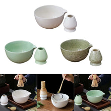 Load image into Gallery viewer, Green Matcha Bowl Chawan with Spout and Whisk Holder | Japanese Tea Ceramic Bowls - 2 Pc Set