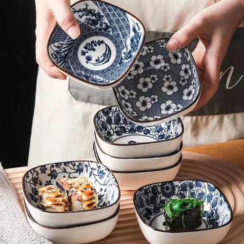 Blue & White Rounded Ceramic Japanese Square Soy Sauce Dishes - 4/6 Pc Sets