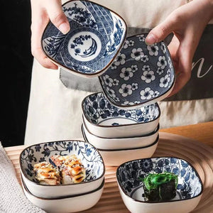 Blue & White Rounded Ceramic Japanese Square Soy Sauce Dishes - 4/6 Pc Sets