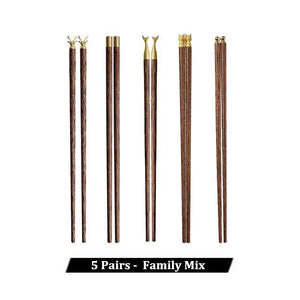 Natural Wood Gold Accent Wooden Luxury Chinese Chopsticks - 5 Pair Set