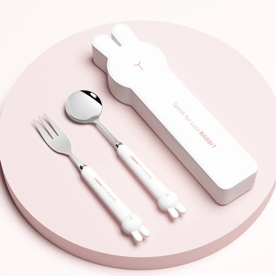 Cute Rabbit Stainless Steel Travel Utensil Set | Pink Metal Chopsticks Spoon Fork