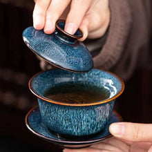 Load image into Gallery viewer, Exquisite Blue Glaze Gaiwan | Textured Steeping Tea Cup with Lid and Saucer - 1 Set