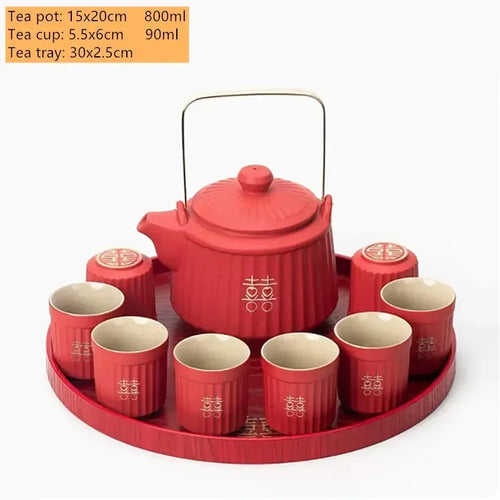 Matte Chinese Tea Ceremony Tea Set | Large Red Ceramic Teapot and Cup Wedding Sets