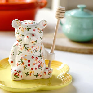 Cute Small Honey Jar with Dipper | Ceramic Bear Holding Wooden Stick - 1 Set