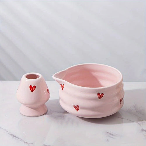 Pink Heart Japanese Matcha Bowl Set | Ceramic Chawan Whisk Holder - 2 Pc