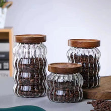 Load image into Gallery viewer, Wavy Glass Spice Jars with Wood Lid | Sealed Storage for Tea Coffee - 1 Pc