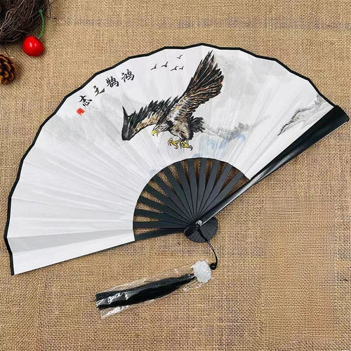 Black Hawk Silk Chinese Fan | Folding Fan with Tassel - 1 Pc