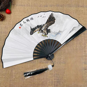 Black Hawk Silk Chinese Fan | Folding Fan with Tassel - 1 Pc