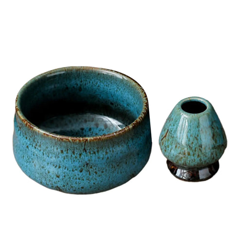 Blue & Brown Matcha Bowl with Whisk Holder | Traditional Japanese Green Tea Chawan - 2 Pc Set