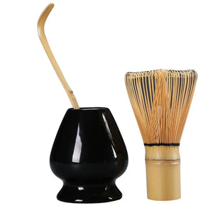 Black Matcha Tool Set | Bamboo Whisk, Tea Scoop, and Holder - 3 Pc