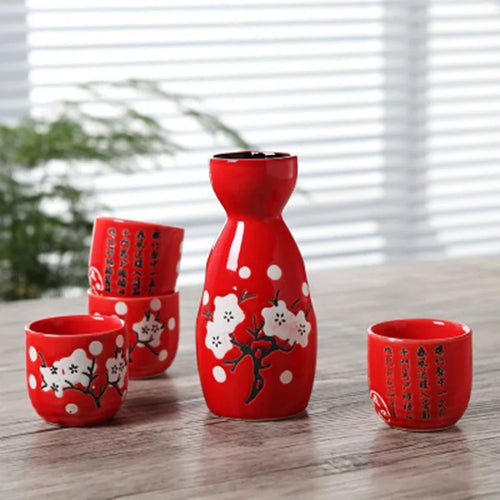 Red Plum Cherry Blossom Sake Set | Sakura 4 Wine Cups 1 Tokkuri Bottle - 5 Pcs