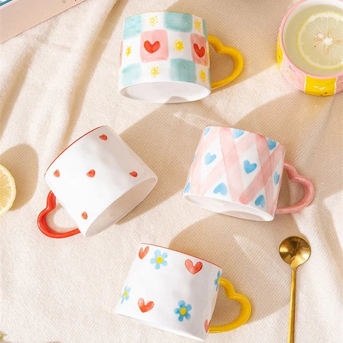 Painted Heart Handle Cute Mugs | Ceramic Coffee Cups - 1 Pc