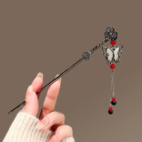 Red & Black Butterfly Hair Sticks | Goth Edgy Chinese Metal Pin - 1 Pc