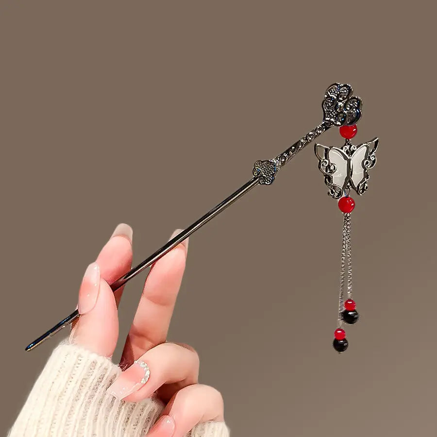 Red & Black Butterfly Hair Sticks | Goth Edgy Chinese Metal  display picture 2