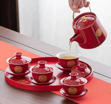 Load image into Gallery viewer, Red Chinese Tea Ceremony Set with Tray | Ceramic Wedding Teapot + Gaiwan Sets