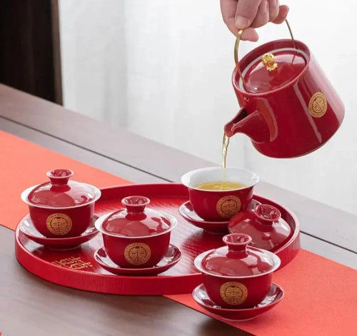 Red Chinese Tea Ceremony Set with Tray | Ceramic Wedding Teapot + Gaiwan Sets