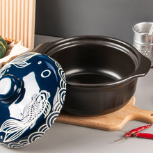 Load image into Gallery viewer, Large Blue Koi Donabe Pot | Black Ceramic Japanese Cookware - 1 Set