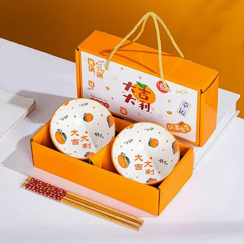 Orange Ceramic Bowls and Chopsticks Set | Lunar New Year Gift Box - 1 Set