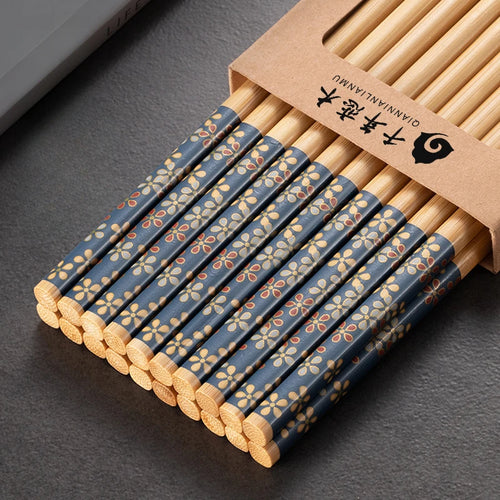 Blue Red Chopsticks Set | Natural Bamboo Japanese Flower -  5/10 Pairs