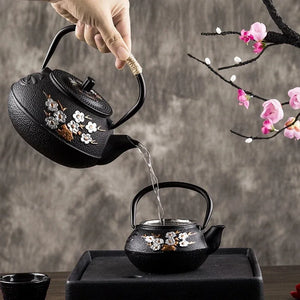 Black Japanese Cast Iron Teapot | Floral Kettle with Tea Strainer Infuser - 1 Pc