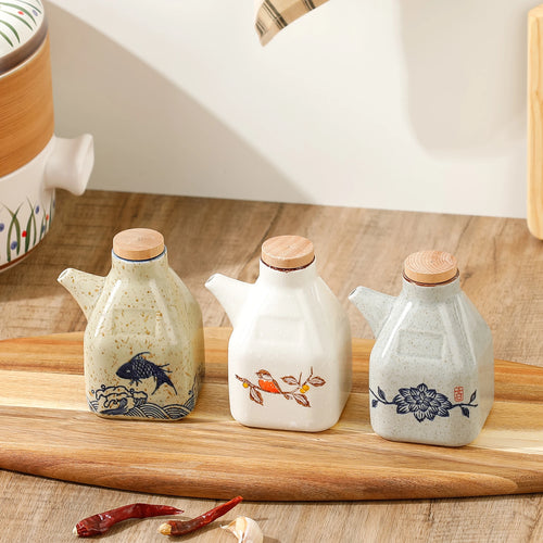 Asian Ceramic Soy Sauce Bottle and Dispenser | Painted Oil Bottles and Liquid Storage Container for Kitchen - 1 Pc