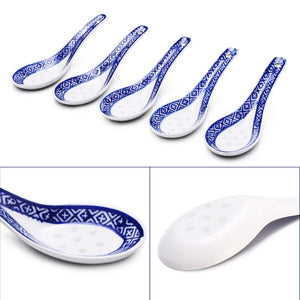 Traditional China Asian Soup Spoons | Blue & White Chinese Porcelain - 5 PC Set